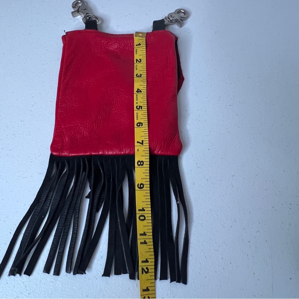 Red Black Raw EdgeLeather W/Fringe Hip Clip On Belt Bag Cell Phone Biker Chic - Picture 7 of 12
